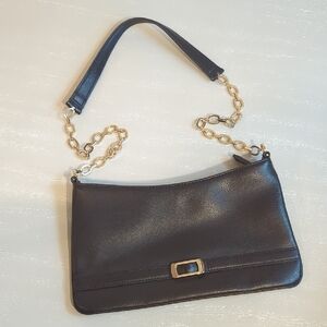 JNY‎ Black Leather Shoulder Bag Gold Chain Strap Detail